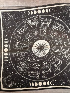 Silk Astrology Zodiac Print Square Scarf in Black and White